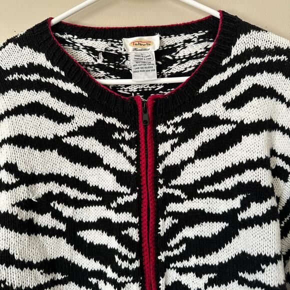 Talbots Hand Knit Zebra Zip Up Cardigan Sweater Linen Cotton Blend Womens LARGE - Picture 2 of 8